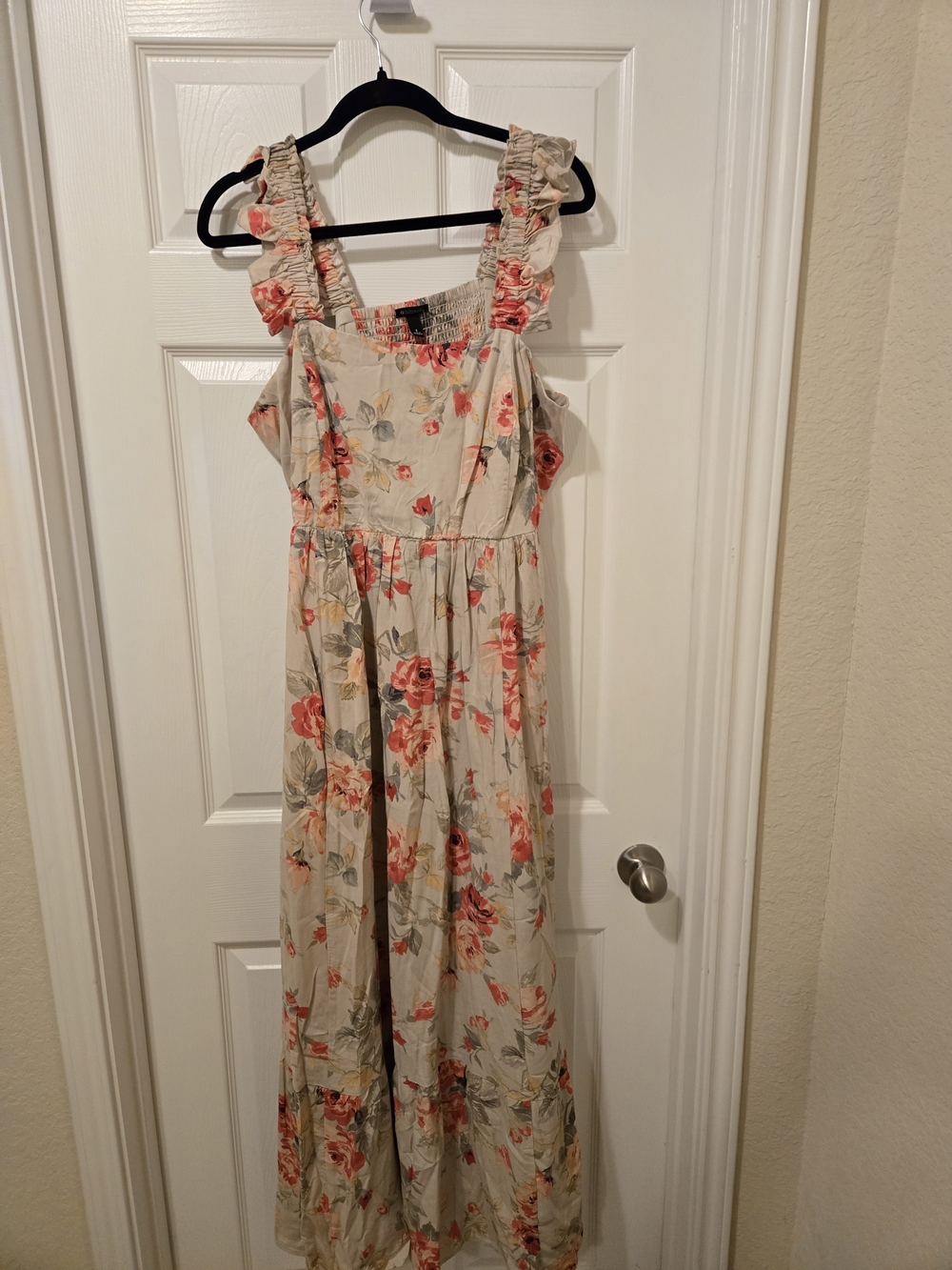 torrid Cream Maxi Dress with Coral Floral Print and Ruffled Straps